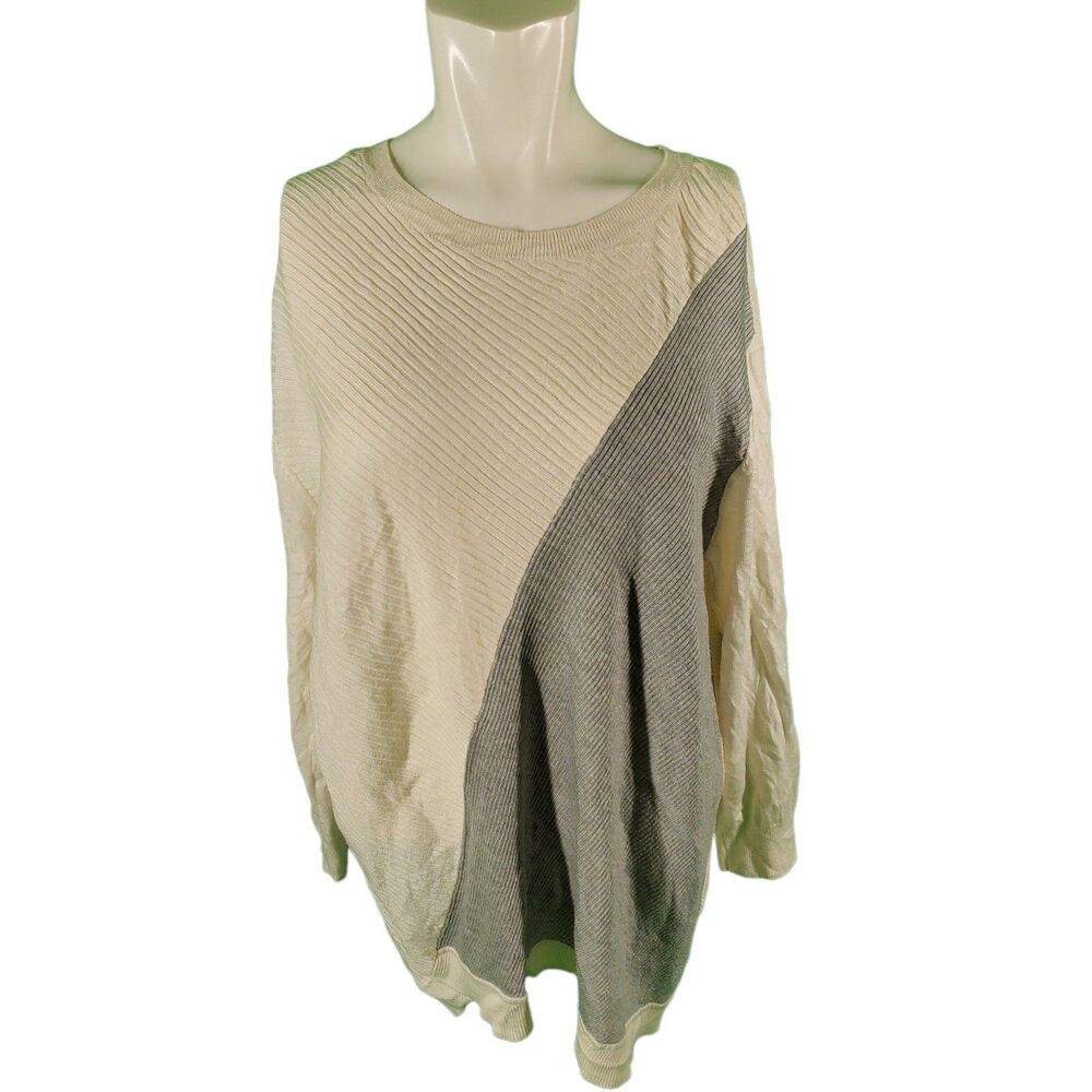 Vince Camuto Sweater Rib Knit Bias Color-Block Ivory/Gray Sweater 2x